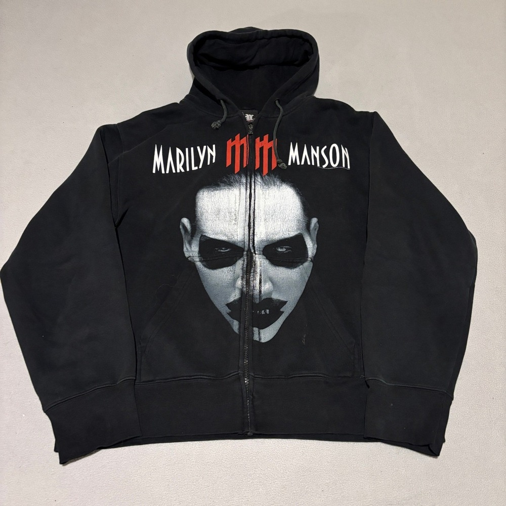 Vintage 2003 Marilyn Manson Giant Mens Zip Up Hoodie XL Black MM Logo Goth Rock